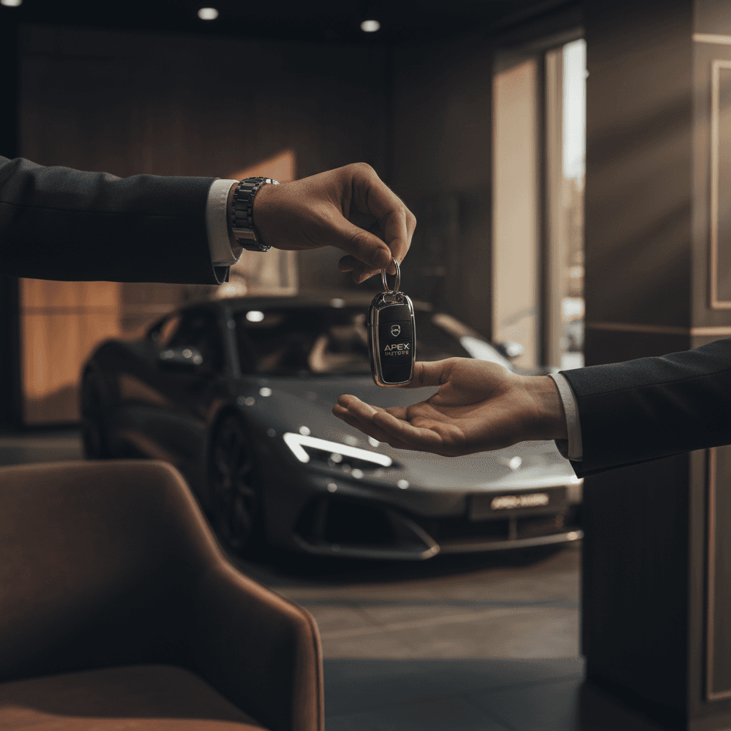 Client receiving keys to rare performance vehicle from automotive specialist in upscale dealership setting